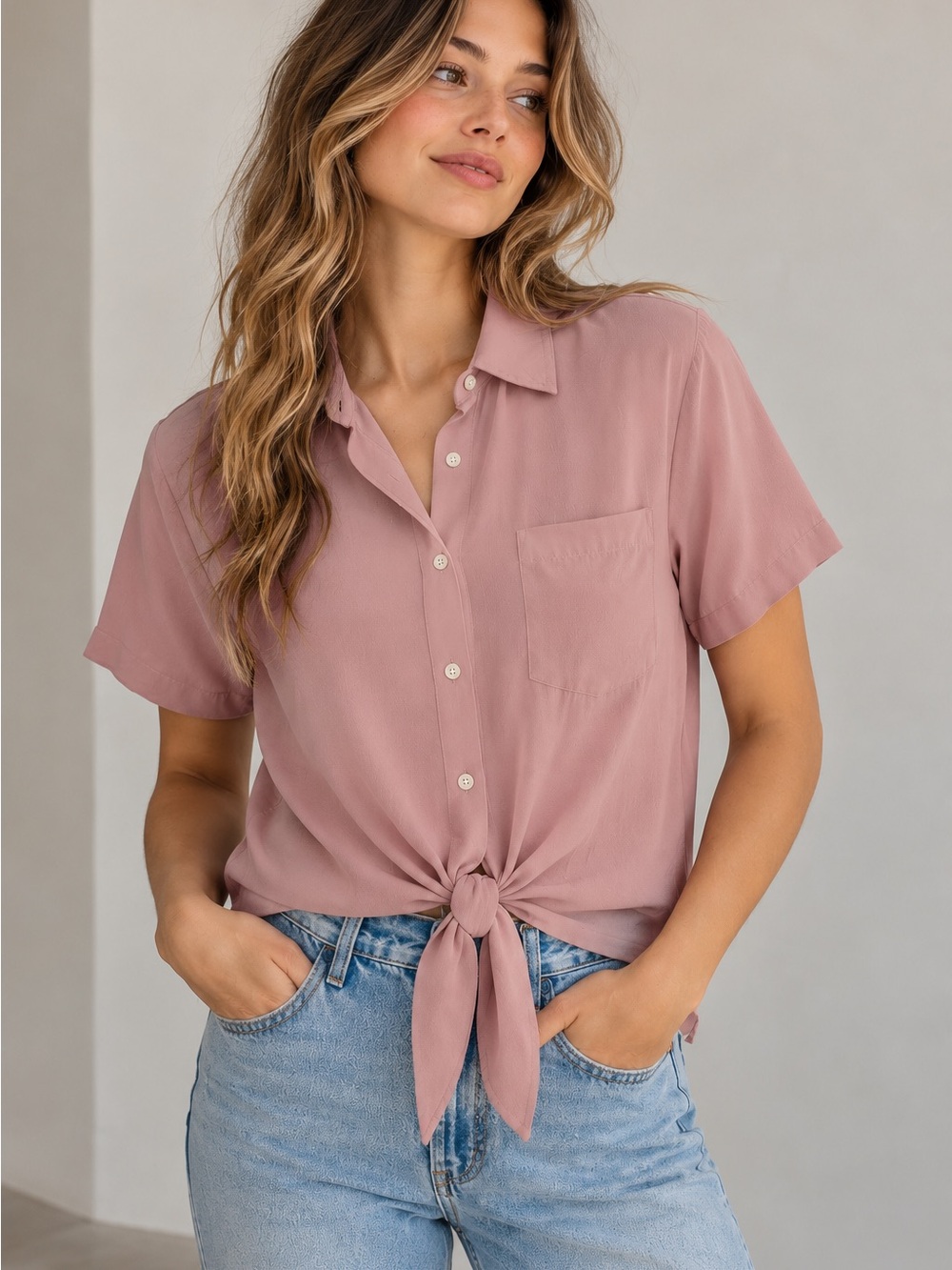 🌸 J.Crew Mercantile Dusty Pink Tie Front Button Down Shirt Size Small
